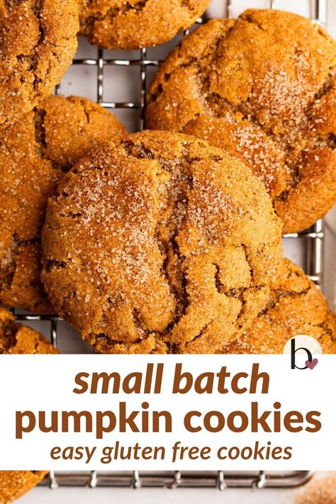 Small batch, gluten free, and chewy pumpkin cookies! This is an easy pumpkin recipe for fall cookies finished with cinnamon sugar. Easy Pumpkin Cookies, Chewy Pumpkin Cookies, Gluten Free Cookies Easy, Small Batch Cookie Recipe, Gluten Free Pumpkin Cookies, Pumpkin Cookies Easy, Small Batch Cookies, Recipe For Fall, Pumpkin Sugar Cookies