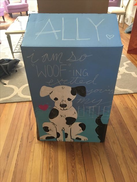 Sorority Big Little reveal box! Dog theme :) Reveal Themes Sorority, Big Little Poster, Sorority Big Little Reveal Theme, Big Little Reveal Themes Sorority, Big Sister Reveal, Big Little Reveal Themes, Big Lil Reveal, Themes Sorority, Sorority Big Little Reveal