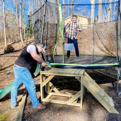 Diy Trampoline Stairs, Trampoline Stairs, Bunk Bed Stairs, Delancey Diy, Yard Hacks, Sand Boxes, Backyard Kids, Kids Backyard Playground, Kids Backyard