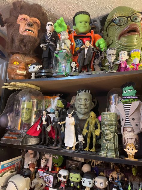 Monster Room, Toy Collection Display, Punk Room, Horror Room, Monster Collection, Horror Monsters, Goth Home Decor, Goth Home, Collection Display