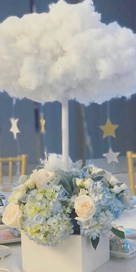 Heaven Sent Centerpiece Ideas, Cloud Centerpieces Shower Ideas, Heaven Centerpieces, Heaven Sent Centerpieces, Diy Cloud Centerpieces, Heaven Sent Baby Shower Centerpieces, Cloud Theme Baby Shower Centerpieces, Clouds Centerpiece Ideas, Heavenly Sent Baby Shower Theme