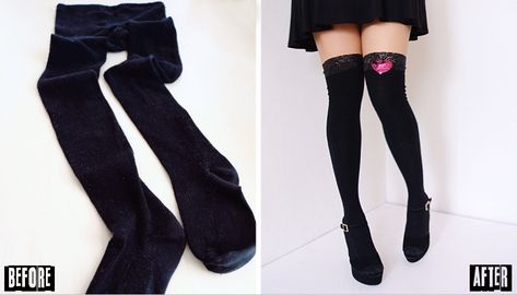 DIY Knee High Socks: Before & After Diy Thigh High Socks, Remake Clothes, Cable Knit Tights, Recycle Old Clothes, Clothing Alterations, Thigh Socks, Over Knee Socks, Knit Tights, Goth Fashion Punk