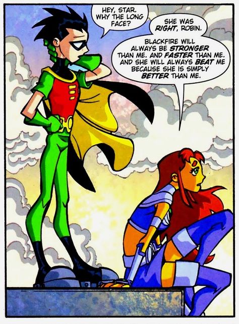 I remember Starfire being sad because her sister won and she lost Robin X Starfire, Nightwing Starfire, Beast Boy And Raven, Titans Comic, Starfire Comics, Robin Starfire, He Loves Her, Teen Titans Robin, Cartoon Couples