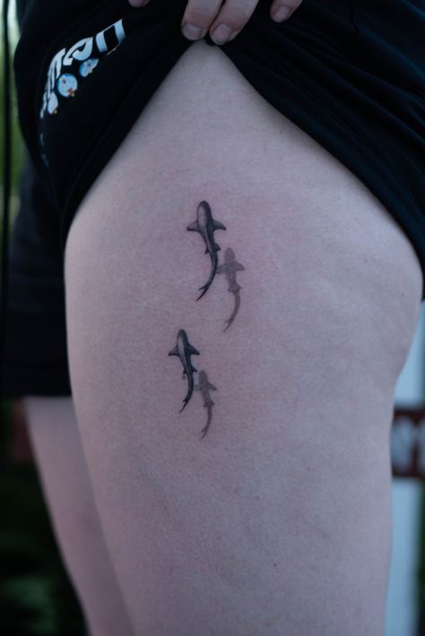 Baby shark Tattoo by FARM Baby Shark Tattoo, Shark Family Tattoo, Small Shark Fin Tattoo, White Tip Shark Tattoo, Shark Tattoo On Side, Shark From Above Tattoo, Shark Tattoo, Tattoos With Kids Names, Shark Tattoos