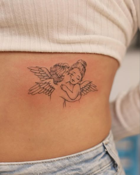 Cute Angle Tattoo, 2 Cherubs Tattoo, Cherub Back Tattoo, Angel Line Art Tattoo, Angle Tattoo Design, Dainty Angel Tattoo, Two Cherubs Tattoo, Cherub Tattoos, Cherubs Tattoo