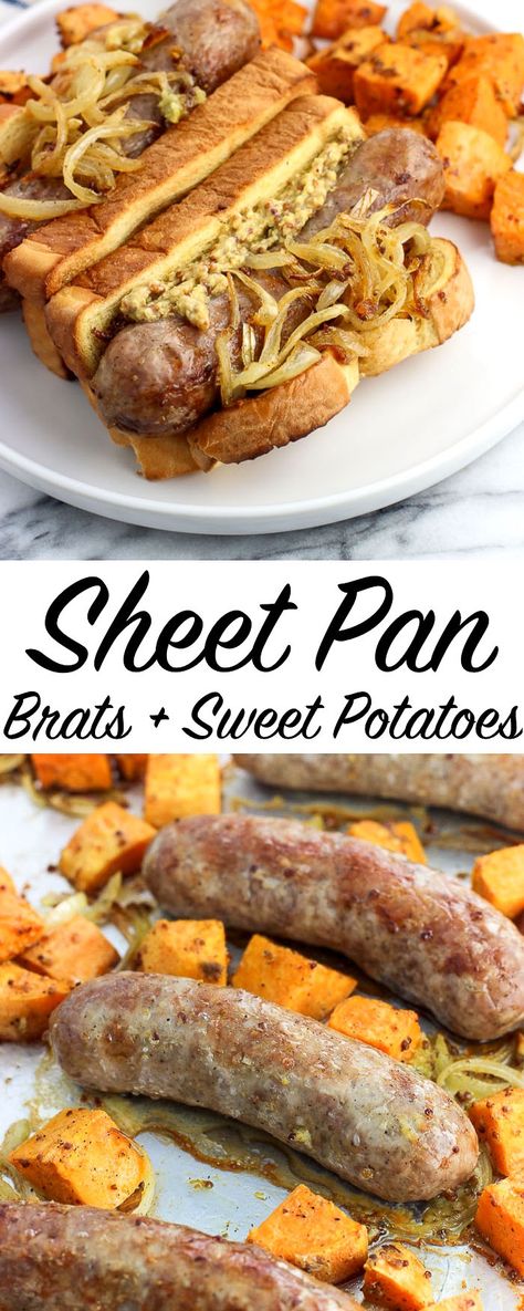 Sheet pan bratwurst and sweet potatoes is an easy dinner recipe where the meat, toppings, and side dish cook all on one pan. The bratwurst brown and 'crisp' up while the sliced onion softens beautifully. Stone ground mustard and warm spices flavor the roasted sweet potatoes for a complementary and delicious side dish. via @mysequinedlife Bratwurst Dinner, Stone Ground Mustard, Sliced Onion, Quick Pasta Recipes, Easy Dinner Recipe, Ground Mustard, Stone Ground, Sheet Pan Dinners, Best Dinner Recipes