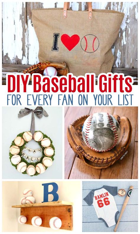 DIY baseball gifts every fan will love! Find baseball crafts, baseball home decor, handmade gift ideas, Father's Day gifts, new baby gifts, homemade gift ideas, and more for baseball fans. Baseball themed ideas for the home, baseball jewelry, baseball apparel and baseball keepsakes. #baseball #giftideas #handmade #home #DIY Diy Baseball Gifts, Handprint Baseball, Baby Gifts Homemade, Basketball Facts, Baseball Apparel, Baseball Jewelry, Hadiah Diy, Homemade Gift Ideas, Baseball Crafts