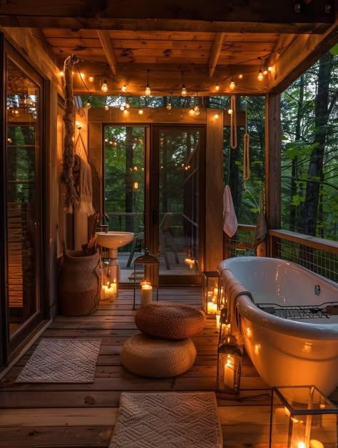 Secluded Cabin Aesthetic, Cozy Cabin Aesthetic Couple, Hot Tub Forest, Cabin Hot Tub Aesthetic, Rainy Cabin In The Woods, Cottage Cabin, House Inspiration, Castle, Interior Decorating