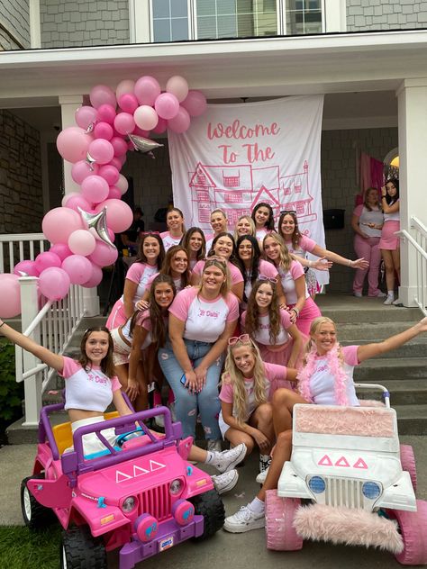 Barbie Theme Sorority Bid Day, Welcome To The Dream House Sorority, Welcome To The Dream House Bid Day, Barbie Recruitment Theme, Barbie Bid Day Theme, Barbie Bid Day, Longest Table, Adpi Recruitment, 2023 Themes