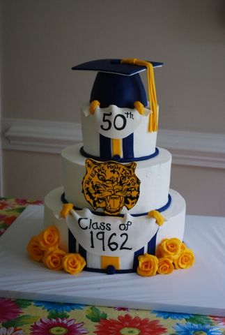 50th class reunion cake with hand painted details and a rice krispie treat cap. Reunion Cake Ideas High School, 50th Class Reunion Cake Ideas, High School Reunion Cake Ideas, Class Reunion Cake Ideas, Class Reunion Cake, Class Reunion Planning, 50th Class Reunion Ideas, 10 Year Reunion, Grease Party