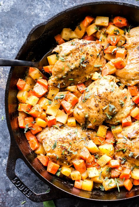 Apricot Chicken Thighs with Root Vegetables is a hearty and easy to make one skillet dinner. Savory with a hint of sweetness from the apricot jam, it's healthy comfort food at it's finest! #chicken #skilletdinner #carrots #apricot #easyrecipe #chickenthighs #glutenfree Apricot Chicken Casserole, Apricot Chicken Thighs, Reflux Diet Recipes, Gerd Diet Recipes, Harvest Meals, Gerd Friendly Recipes, Acid Reflux Friendly Recipes, Recipe Runner, Acid Reflux Diet Meals