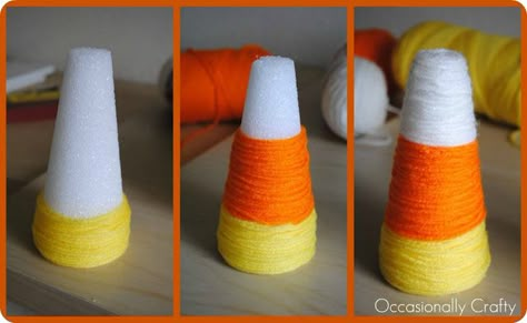 Yarn-Wrapped Candy Corn Decoration Candy Corn Crafts, Fall Pumpkin Sign, Yarn Crafts For Kids, Candy Corn Decorations, Fall Pumpkin Crafts, Wrapped Candy, Fall Decor Diy Crafts, Hallowen Ideas, Fall Arts And Crafts