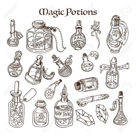 Magic Doodle, Harry Potter Potions, Bottle Drawing, Bottle Tattoo, Halloween Potions, Magic Bottles, Drawing Faces, Sternum Tattoo, Halloween Drawings