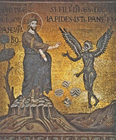 Anonymous. The Temptation of Christ. Duomo di Monreale. Monreale (Sicily) Jesus In The Wilderness, Jesus Tempted, Caucasian Race, Byzantine Mosaics, Orthodox Quotes, Christian Icons, Black Jesus, Palermo Sicily, Different Races