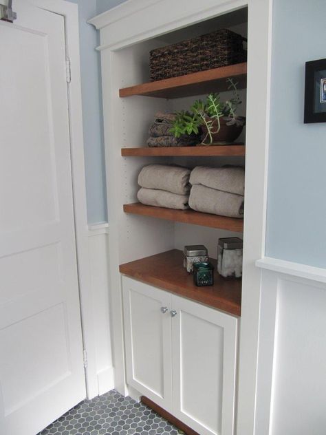 Bathroom Closet Shelving Ideas Built Ins, Bathroom Cabinet With Shelves, Built In Bathroom Cupboard, Bathroom With Built In Shelves, Open Shelving In Bathroom Built Ins, Build In Bathroom Shelves, Recessed Shelving Bathroom, Build In Bathroom Cabinet, Linen Storage In Bathroom