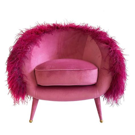 An iconic burst of color, this magnificent armchair is a gorgeous showcase of sustainable craftsmanship. Offered in different shades, it features a shimmering pink velvet upholstery. Merging fashion and design in an iconic silhouette, the backrest is enriched with a coat of ostrich feathers. It rests on upholstered wooden legs complete with gold-finished brass feet. Eclectic Glam, Pink Armchair, Glam Room, Pink Room, Beauty Room, Dream House Decor, Pink Velvet, Dream Room, Room Inspo