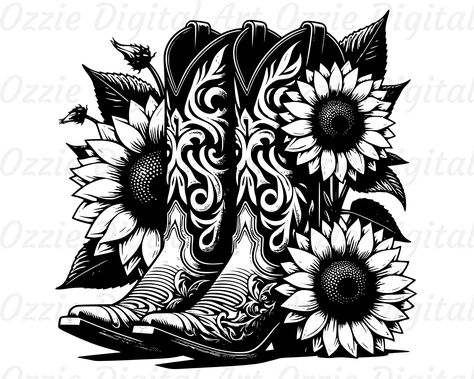 Cowboy Boots With Sunflowers Tattoo, Boots With Sunflowers, Cowboy Hat Crafts, Antler Tattoo, Flowers Silhouette, Western Clipart, Cowboy Silhouette, Western Sublimation Designs, Woodburning Projects