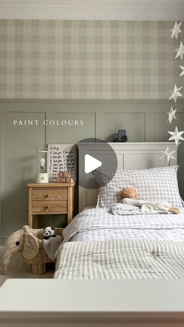 Green Panelling Wallpaper, Green Walls With Paneling, Green Wall Panelling Bedroom, Sage Green Feature Wall Bedroom, Toddler Bedroom Green, Boys Wallpaper Bedroom, Green Toddler Room Boy, Nursery Panelling, Sage Green Nursery Boy