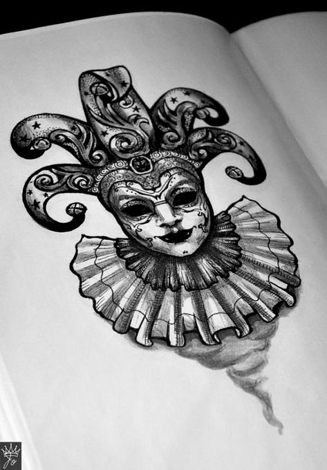 Venetian jester tattoo Venetian Mask Tattoo, Venetian Jester, Jester Tattoo, Clown Tattoo, Tattoo Zeichnungen, Mask Tattoo, Dark Art Tattoo, Tattoo Art Drawings, Dark Tattoo