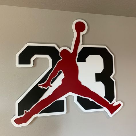 Jordan Wood Sign, Air Jordan Decorations, Air Jordan Room Decor, Jordan Year Decorations, Michael Jordan Room Ideas, Jordan Themed Room, Michael Jordan Room, Sporty Room Decor, Jordan Bedroom Ideas