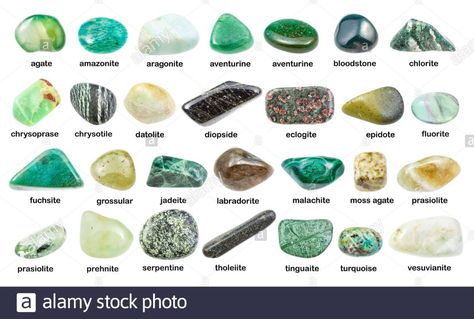 set of various green gemstones with names (chrysotile, chlorite, malachite, prehnite, chrysoprase, grossular, prasiolite, jadeite, labradorite, vesuvi Stock Photo Crystal Identification, Rock Identification, Crystal Names, Orange Crystals, Free Art Prints, Crystal Healing Stones, Crystal Shapes, Mineral Stone, Green Gemstones