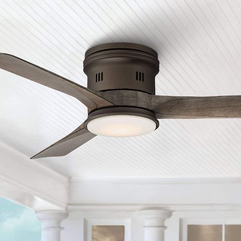 54" Salerno Modern Industrial Hugger Low Profile 3 Blade Indoor Outdoor Ceiling Fan with Light LED Remote Bronze Wood Opal Glass Damp Rated for Patio Exterior House Porch Gazebo - Casa Vieja - - Amazon.com