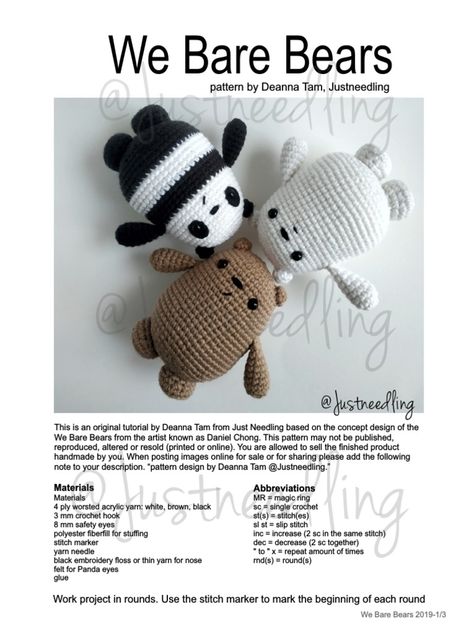 We Bare Bears Crochet Pattern, We Bare Bears Crochet Free Pattern, Ice Bear And Panda, We Are Bears, Crocheting Amigurumi, Ice Bear, Bear Character, Ice Bears, Crochet Design Pattern