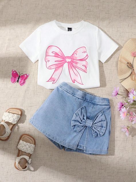 Short Jeans Infantil, Skort Set, Bow Graphic, Flower Pants, Denim Skort, Shein Outfits, Rose Bonbon, Animal Graphic, Rosa Pink