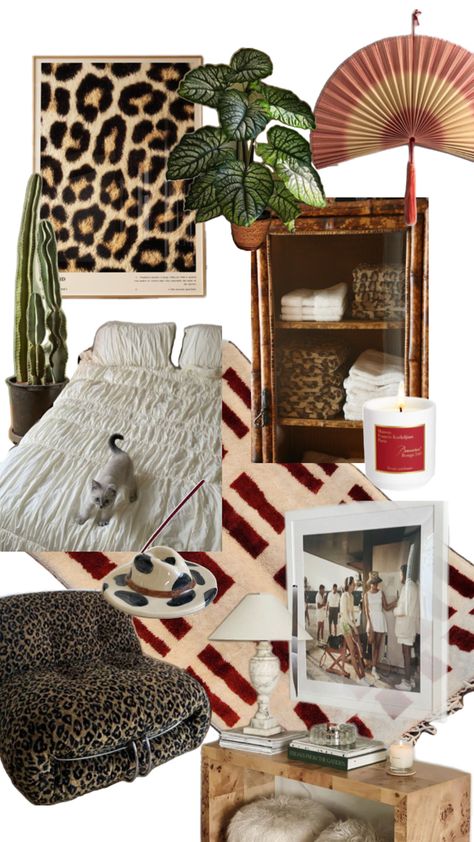 cheetah print, plants, red accents, animal print, cozy, insense. Cheetah Print Rooms, Tropical Room Decor, College House, Bedroom Red, Bedroom Decor Design, Room Redo, Apartment Decor Inspiration, Cute Home Decor, Bedroom Layouts