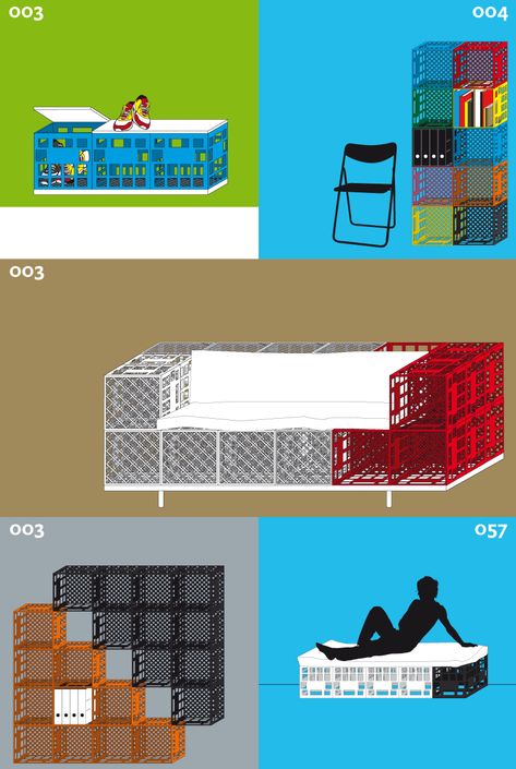 Milk Crate Upcycle, Milk Crate Couch, Plastic Milk Crate Ideas Diy, Milk Crate Bed Frame, Milk Crate Chairs, Recycled Furniture Ideas, Crate Bed Frame, Milk Crates Diy, Milk Crate Furniture