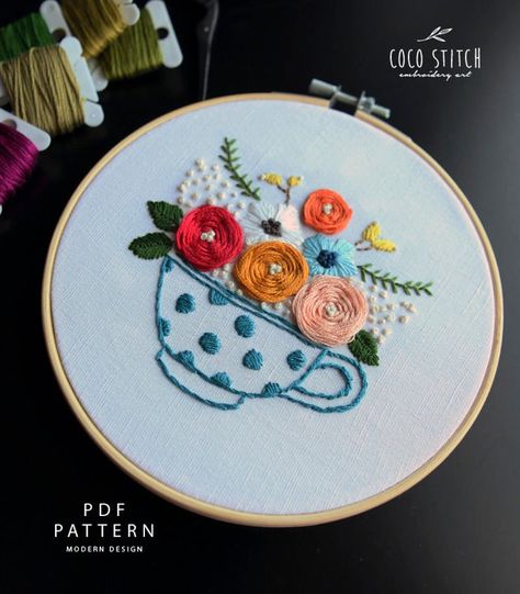 Cup Embroidery, Hand Pattern, Hand Embroidery Videos, Diy Embroidery Patterns, Handmade Embroidery Designs, Hand Embroidery Projects, Embroidery Patterns Free, Hand Embroidery Pattern, 자수 디자인