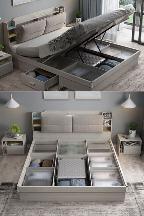 Double Bed Storage, Hydraulic Bed, Space Saving Bed, Bed Designs With Storage, House Decor Ideas, Double Bed Designs, Bedroom Interiors, Bed Frame Design, Bedroom Cupboard Designs