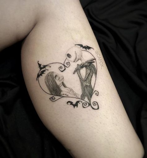 Sally Heart Tattoo, Sally Skellington Tattoo, Nightmare Before Christmas Inspired Tattoo, Jack And Sally Tattoo Ideas, Sally And Jack Tattoo, Jack Sally Tattoo, Jack And Sally Lovers Tattoo, Jack Skellington And Sally Tattoo, Jack And Sally Tattoos