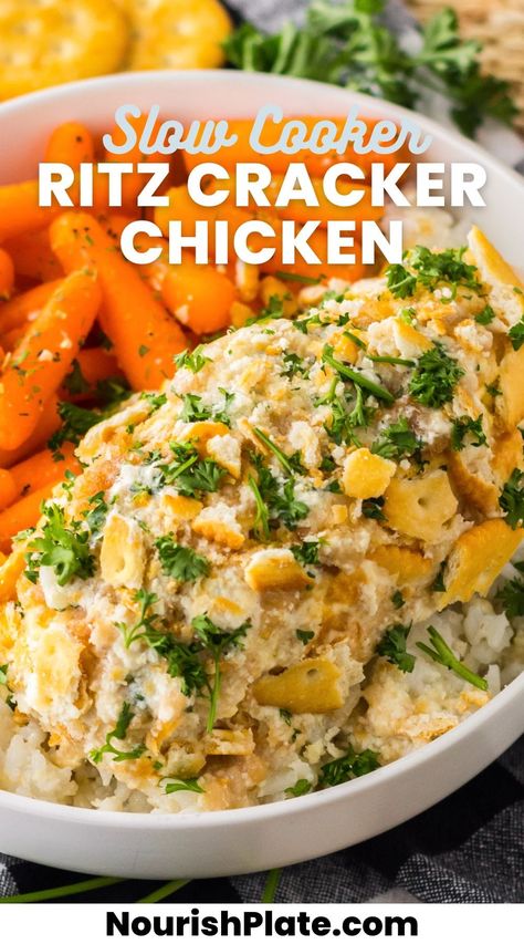 This Slow Cooker Chicken Casserole is a combination of tender juicy chicken, with creamy sour cream, and buttery Ritz crackers. It's an easy-to-throw-together meal that cooks slowly in the Slow Cooker, so you can come back to a delicious and hearty family-friendly meal. Crockpot Chicken And Ritz Crackers, Ritz Cracker Chicken Crockpot, Slow Cooker Ritz Chicken Six Sisters, Chicken Sour Cream Ritz Crackers, Slow Cooker Ritz Chicken, Chicken Casserole Ritz Cracker Topping, Ritz Chicken Casserole, Slow Cooker Chicken Casserole, Ritz Chicken