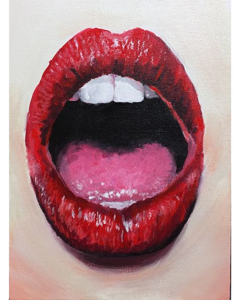 Biting Lip Painting, Mouth Painting Acrylic, Painting Lips Acrylic, Lips Oil Pastel, Facial Features Art Gcse, Open Mouth Painting, Lips Painting Acrylic, Mouth Artwork, Drawn Mouth