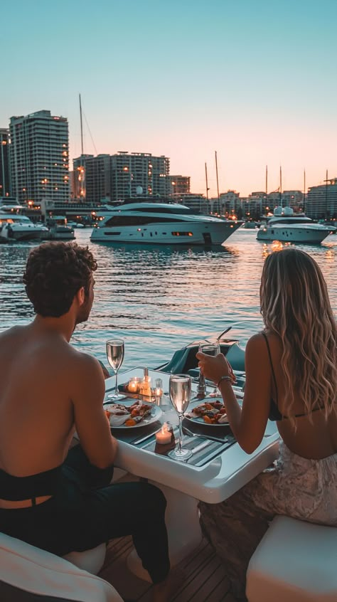 ✨ Set your love alight with a night book adventure! 🌹 Discover luxury couple date ideas: yacht cruising, gourmet dining & more. 🌅 What will you choose? 💖 #CoupleDateBook #GuideDate #ChallengeCouples #AdventureChallenge #CouplesEdition Couple On Yacht, Successful Couple Aesthetic, Yacht Date, Yacht Couple, Expensive Date, Yacht Dinner, Luxury Date Night, Couple Date Ideas, Couple Cruise