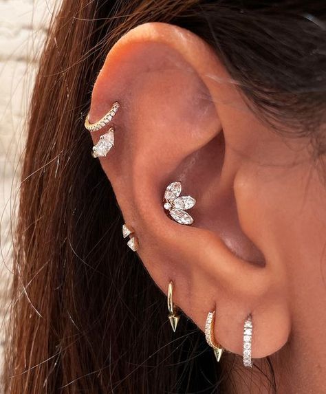 MARIA TASH on Instagram: "A diamond lotus blooms directly above two mirrored triangle studs and between thoughtfully spaced hoops in the Lobe." Upper Lobe Earrings, Lobe Earrings, Be More Sustainable, Small Pearl Earrings, Stone Hoop Earrings, Upper Lobe, Earrings Gold Hoop, Bee Studs, Maria Tash