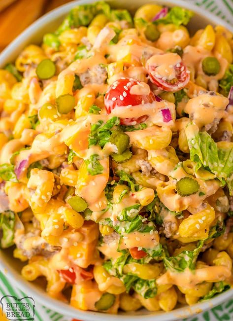 BIG MAC PASTA SALAD - Butter with a Side of Bread Big Mac Pasta Salad, Mac Pasta Salad, Big Mac Pasta, Smoked Meatloaf Recipe, Smoked Meatloaf, Cold Salads, Crockpot Ham, Homemade Bread Recipes Easy, Ham And Beans