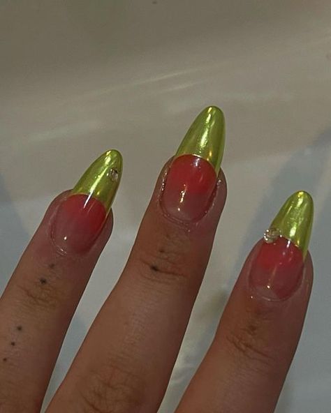 Chrome Tips, Green Acrylic Nails, Korean Nail Art, Korean Nails, Green Chrome, Jelly Nails, French Tips, I Want To Eat, Fire Nails