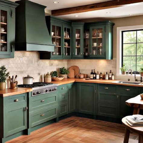 40 Green Kitchen Cabinet Ideas That Refresh Your Space 1930s Kitchen Renovation, Green And Wood Kitchen Cabinets, Green Kitchen Cabinets Butcher Block, Blue Green Kitchen Cabinets, Colonial Revival Kitchen, Two Tone Kitchen Cabinets Color Combinations, Teal Kitchen Cabinets, Green Kitchen Cabinet, Natural Wood Kitchen Cabinets