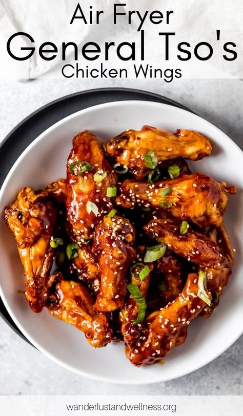 These air fryer General Tso's Chicken wings are cooked perfectly crispy and coated in a sticky General Tso's sauce. Just three simple ingredients to delicious, perfectly cooked chicken wings! General Tso Chicken Crockpot, General Tao Chicken, Easy General Tso Chicken, Spicy Chicken Wings Recipe, Asian Chicken Wings, Air Fry Chicken Wings, General Tso's Chicken, Tso Chicken, Cooking Frozen Chicken