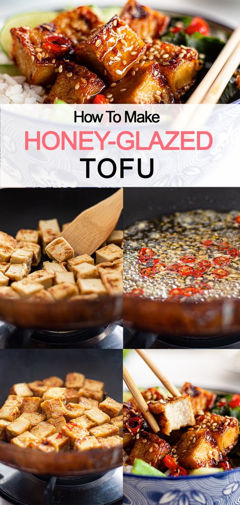 steps of making honey-glazed tofu Siracha Honey Tofu, Honey Glazed Tofu, Warm Tofu With Spicy Garlic Sauce, Tofu Glaze Recipes, Honey Tofu, Hot Honey Tofu, Glazed Tofu, Sauce For Tofu, Soy Tofu