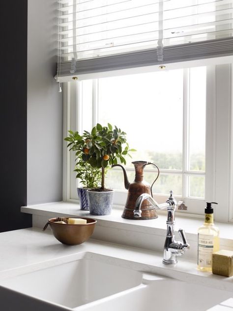 Wide window sill by sink Deep Window Sill Ideas Kitchen, Window Sill Kitchen Sink, Kitchen Window With Ledge, Kitchen Window Ledge Decor Over Sink, Deep Kitchen Window Sill, Kitchen Window Ledge Decor, Deep Kitchen Window, Deep Window Sill Decor, Kitchen Sink Window Sill