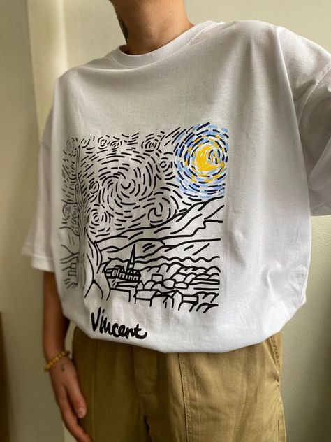 Van Gogh Starry Night Handmade T-shirt- Vgoghvintage Gift Shop Interiors, Tee Shirts Diy, Tshirt Painting, Paint Shirts, T Shirt Painting, Custom Tee Shirts, Starry Night Van Gogh, Shirt Print Design, Painted Clothes