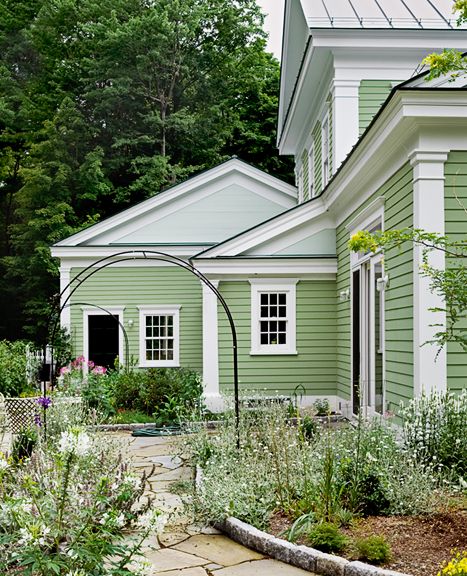 Green Exterior House Colors, Green House Exterior, Amanda Marie, Exterior House Color, Casa Vintage, Accent Trim, House Color Schemes, Exterior Paint Colors For House, Architecture Model Making