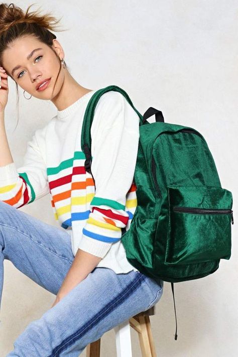 Green Velvet Backpack Luxury Green Luxury Backpack, Green Nylon Urban Backpack, Retro Green Standard Backpack, Playful Green Rectangular Backpack, Velvet Backpack, Green Backpacks, Knapsack Bag, Cute Backpacks, Backpacking Packing