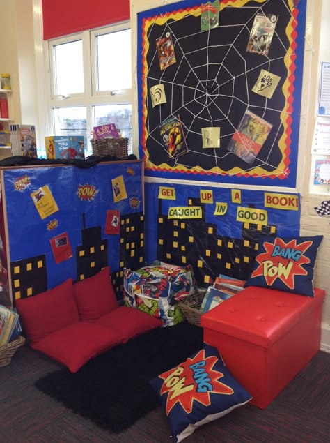 Key Stage One superheroes reading corner. All of our classrooms have a book area. Avengers Classroom Theme, Superhero Classroom Ideas, Ks1 Reading Corner, Superhero Reading Corner, Superhero Classroom Theme Decorations, Super Hero Classroom Theme, Book Corner Classroom, Superhero Classroom Decorations, Hero Classroom Theme