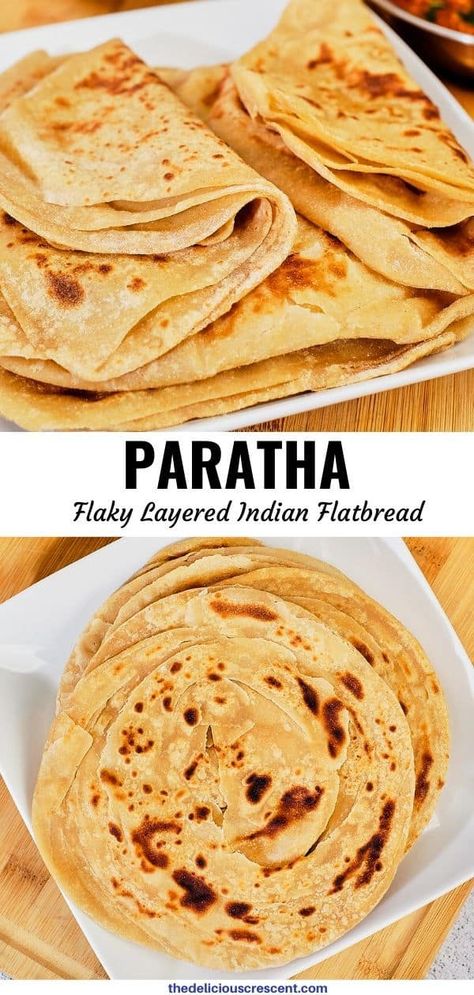 Paratha is a delicious flaky layered Indian flatbread. Learn about my secret ingredient to amazingly soft layers that stay good and fresh for a long time. This plain paratha recipe shows you how to make this unleavened bread with few ingredients and using three different layering techniques. #paratha #flatbread #Indianrecipe Roti Recipe Easy, Soft Roti Recipe, Roti Indian, Paratha Bread, Indian Bread Recipes, Chapati Recipes, Roti Bread, Indian Flatbread, Indian Flat Bread