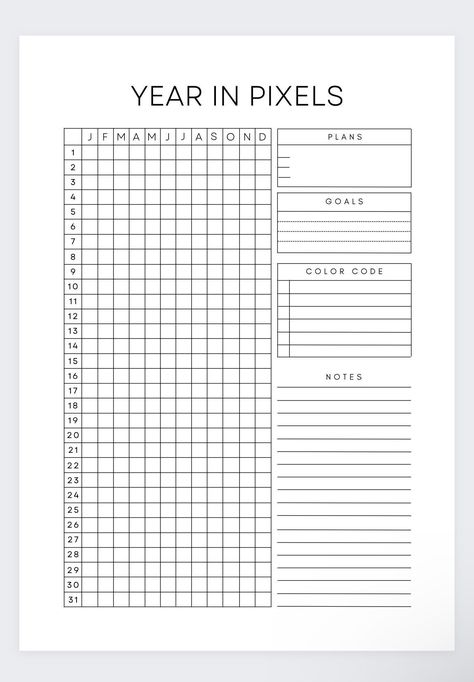 This yearly pixel planner will allow you to make note of how you feel every single day of the year. Keep track of all your emotions big or small each and every day. Make note of your goals and plans as well as the notes you have. This planner includes every single month of the year and room to create or write the emotions, feelings, activities, hobbies or daily tasks each day. This planner has room for you to take note of everything important to you. A Year in Pixels Printable, Yearly Mood Tracker, Year in Pixels Template Yearly Tracker Printable, What I Did This Year Checklist, Yearly Template, Year Checklist, Year In Pixels Template, How To Do A Year In Pixels, Yearly Planner Printable, Yearly Checklist, To Do List Monthly