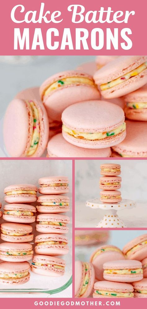 Cake Batter Macarons Recipe, Cake Batter Macarons, Starburst Macarons, Best Macaron Filling, Macaron Filling Flavors, Fun Macaron Flavors, Macaroons Filling Recipe, Fun Macarons, Funfetti Macarons